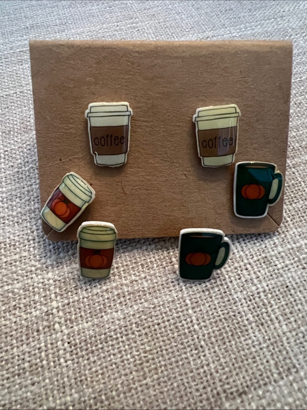 3 pair coffee themed acrylic stud earrings, pumpkins and coffee NEW